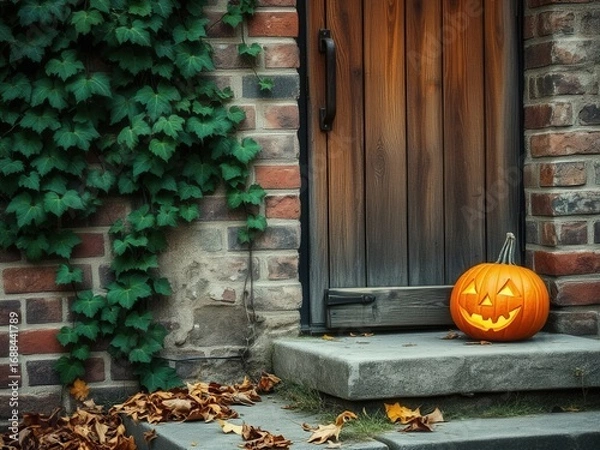Fototapeta A carved pumpkin with a smiling face sits on stone steps in front of a wooden door. Ivy climbs the brick wall, and fallen leaves are scattered on the ground.