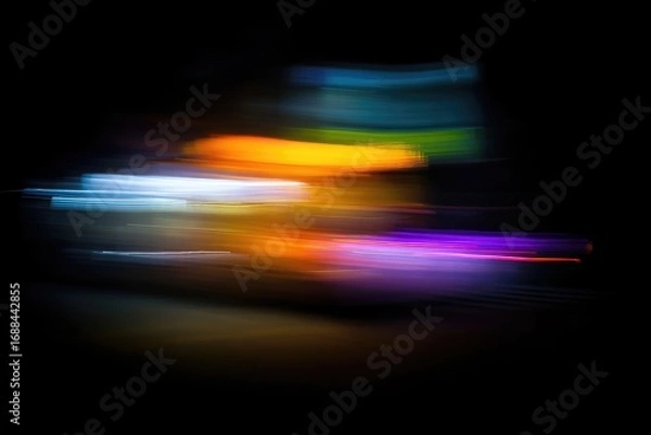 Fototapeta Abstract blurred lights on dark background. Horizontal motion lines of vibrant colors. Suggestive of speed and night. Soft, artistic image