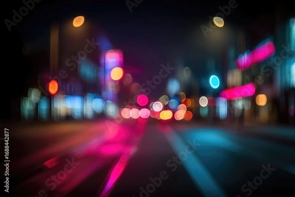 Fototapeta A blurry cityscape at night. Lights of cars and buildings create vibrant bokeh patterns in red, blue, purple, and yellow hues, illuminating the street