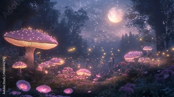 Fototapeta Enchanted forest at night with glowing mushrooms and magical moonlight illuminating the trees