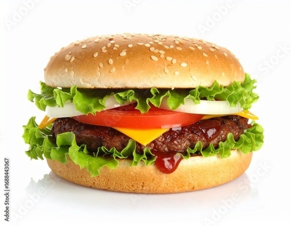 Fototapeta Close-up of classic hamburger with beef patty cheddar cheese tomato lettuce onion and ketchup stacked between sesame seed bun on white background for culinary and promotional visuals