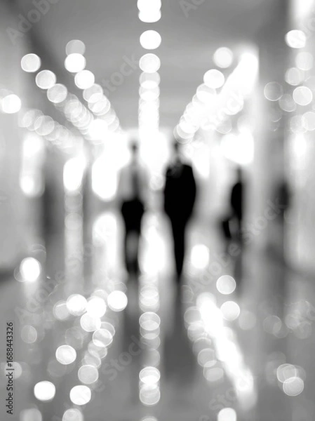 Fototapeta Blurred grayscale image shows three figures walking down a corridor with rows of lights creating a bokeh effect. The focus is soft and ethereal
