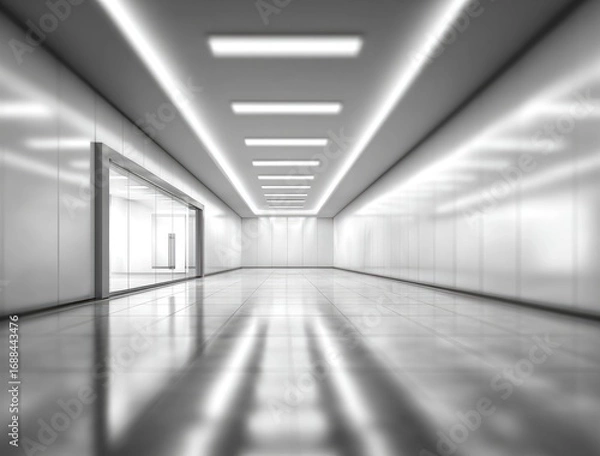 Fototapeta A minimalist, long corridor stretches into the distance, illuminated by evenly spaced fluorescent lights. The polished floor reflects the light, creating depth