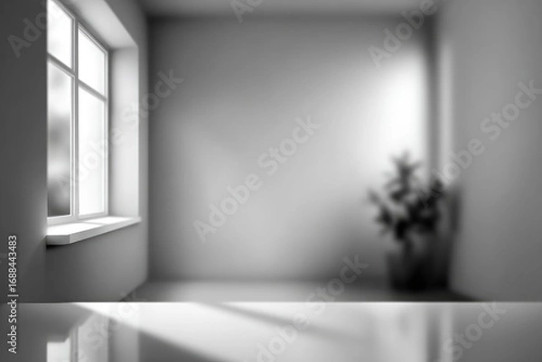 Fototapeta Serene grayscale interior scene with soft-focused elements. A window provides light, highlighting a plant. The room evokes tranquility and a minimalist aesthetic