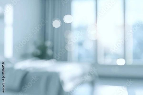 Fototapeta Softly blurred bedroom featuring a bed with draped fabric, a window with curtains, and light-filled bokeh creating a dreamy, tranquil ambiance