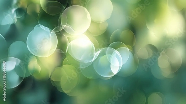 Fototapeta Blurred abstract background with circular bokeh lights in shades of green, blue, and yellow creating a soft, luminous effect
