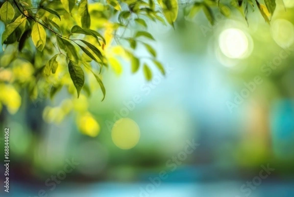 Fototapeta Leaves with sunlight bokeh. Foreground focus on the leaves with a blurred background in shades of green and teal creating a soft, dreamy atmosphere