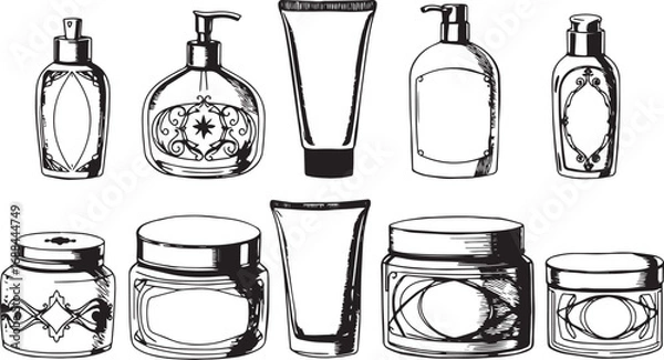 Fototapeta A set of cosmetic containers. Jars, vials, bottles, tubes. Hand drawn vector illustration