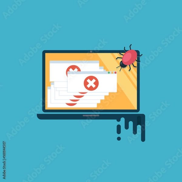 Fototapeta Computer virus. The computer is infected, there are a lot of alert messages. Flat vector illustration