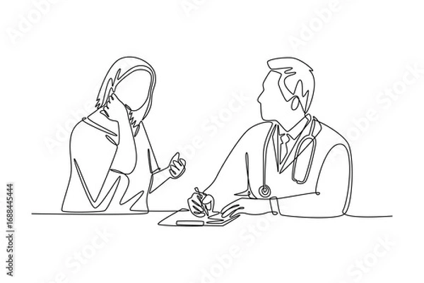 Fototapeta woman complaining about pain in her neck when talking with doctor. Doctor and patient concept. Single line draw design. Vector graphic illustration