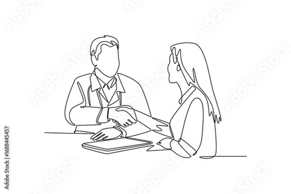 Fototapeta traumatologist looking at plaster bandage on arm of senior patient. Doctor and patient concept. Single line draw design. Vector graphic illustration