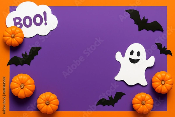 Fototapeta Boo! A Playful Halloween flat lay with pumpkins, bats, and a ghost on a purple and orange background, perfect for copy space.