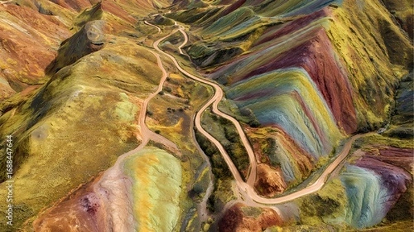 Fototapeta Top-down view of winding hiking