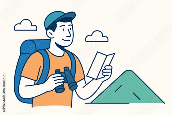 Obraz Vector illustration of tourist with map and binoculars exploring mountain