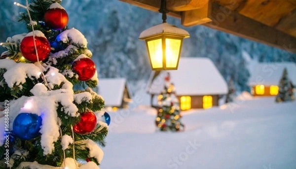 Fototapeta Snowy Christmas scene with tree and cabins