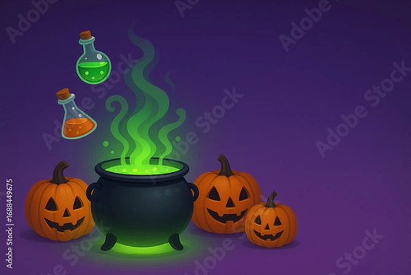 Fototapeta Halloween Cauldron Scene with Potion and Pumpkins. This illustration is perfect for invitations, decorations, or any Halloween-themed graphic design project.
