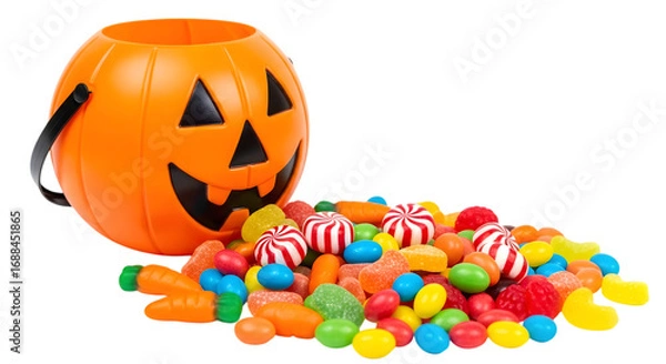 Fototapeta A pile of colorful halloween candy spilling out of a plastic pumpkin bucket, isolated on transparent background