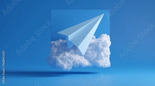 Fototapeta A paper airplane soaring through a fluffy white cloud. 