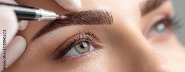 Fototapeta The Eyebrow Microblading Procedure Close-Up Showing Professional Beauty Treatment and Precision
