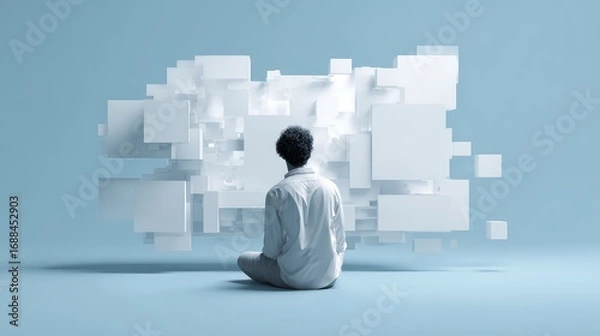 Fototapeta A business man in front of a virtual screen
