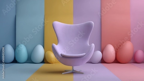 Fototapeta A stylized and whimsical interior scene with a pastel geometric shapes.