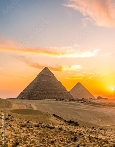 Fototapeta Sunset over ancient pyramids in desert