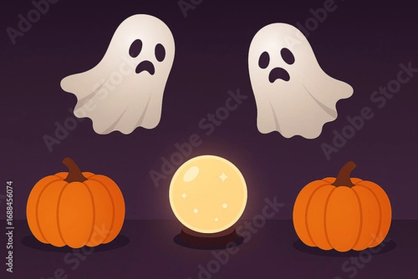 Fototapeta Spooky Halloween Scene with Crystal Ball and Ghosts. This graphic is ideal for Halloween invitations, social media posts, or seasonal event promotions.