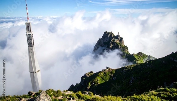 Fototapeta Tower and mountain peak above clouds