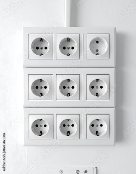 Fototapeta Multiple electrical outlets mounted on a white wall