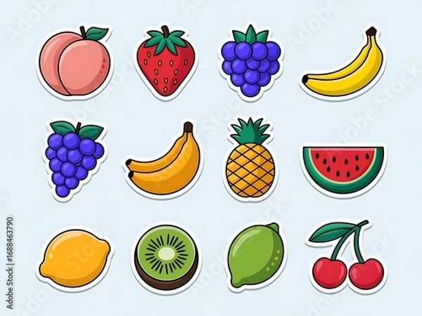 Fototapeta Set of stickers featuring various fruits such as bananas, watermelons
