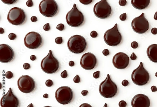 Fototapeta Seamless pattern of dark chocolate drops falling horizontally against a white background,  dark chocolate,  melt