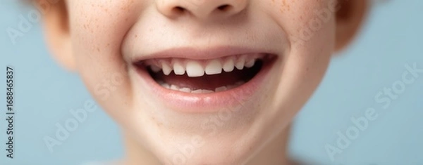 Fototapeta The Child's Smile Close-Up Showing Missing Baby Teeth and Freckles