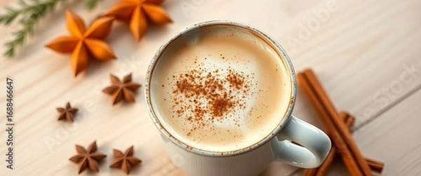 Fototapeta Steaming chai latte in a mug, sprinkled with cinnamon, on a light wood background,  warm,  kitchen