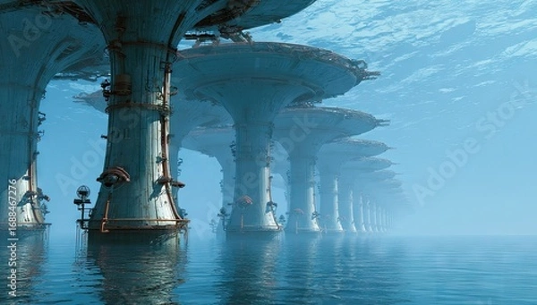 Fototapeta Futuristic underwater structures rise from the ocean depths.