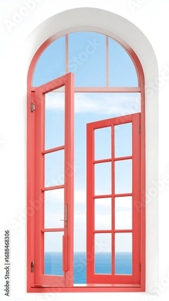 Fototapeta Open red window overlooking a serene ocean view