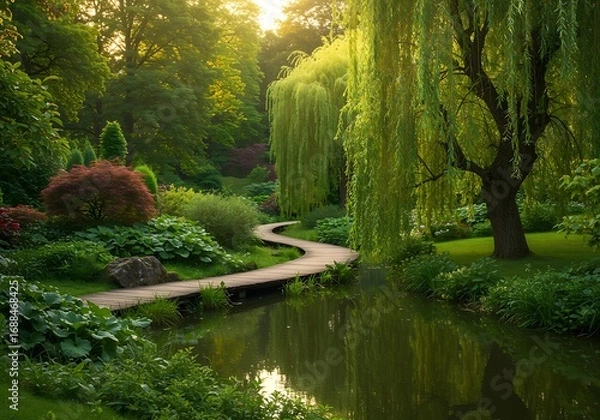 Fototapeta Serene Garden Path with Willow Trees and Reflecting Water a Tranquil Landscape Scene
