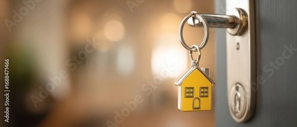 Obraz The house key with yellow house keychain hanging in an open door lock