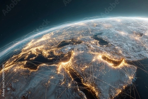 Fototapeta Global network of air and sea routes over a nighttime Earth