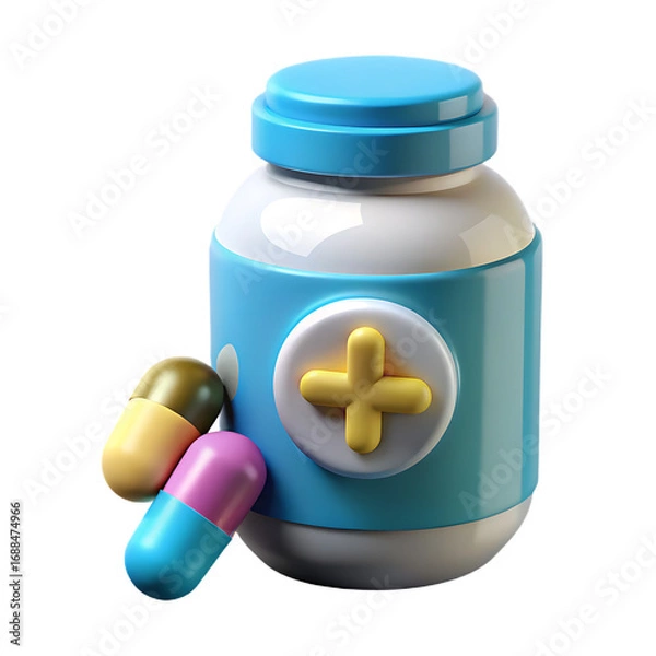 Fototapeta Medical bottle with pills and cross symbol isolated on transparent background