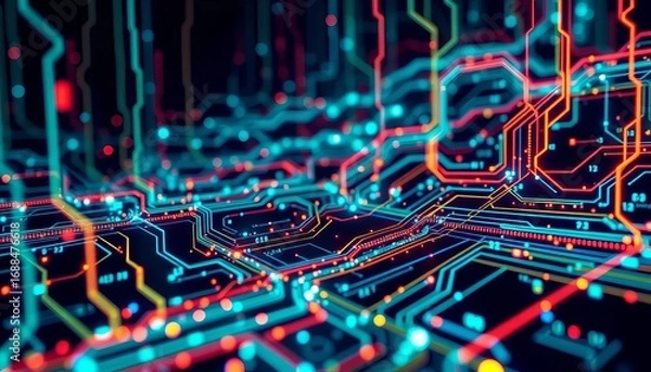 Fototapeta Abstract futuristic tech background; glowing circuits, digital nodes, data streams,  metaverse,  data
