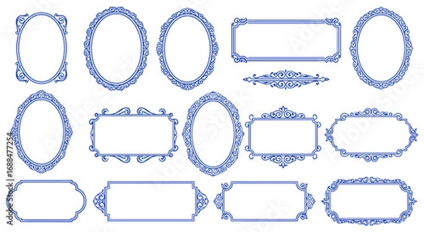 Fototapeta Elegant blue outline frames with ornate details and vintage design elements