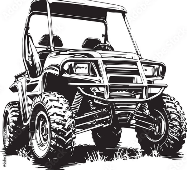Fototapeta All-Terrain Vehicle: A robust all-terrain vehicle, a symbol of adventure, freedom and thrill, perfectly depicted in detailed monochromatic linework, invites exploration. 