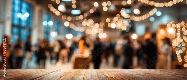 Obraz The wooden table in foreground with blurred festive crowd and bokeh lights