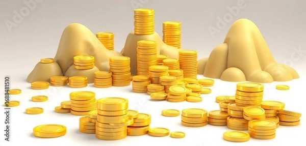 Fototapeta Cartoon gold coin piles, various sizes & shapes, neat stacks, heaps, mountains; isolated on white background,  heap,   background