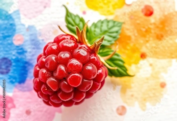 Fototapeta Close-up of a vibrant red raspberry against a textured watercolor background, delicious, organic