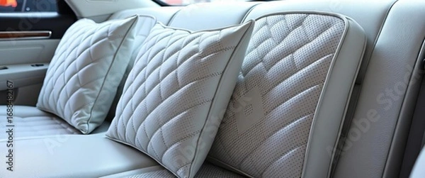 Fototapeta Close-up of elegant white leather car sofa cushions with vintage geometric pattern, retro style, closeup, white leather sofa