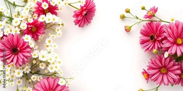 Fototapeta Close-up of gypsophila and santini mums floral frame banner on white ,  colorful,  design element
