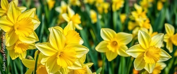 Fototapeta Close-up of vibrant yellow and white daffodils blooming in a lush spring garden,  nature,  field