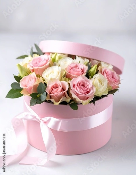 Fototapeta Pink box filled with fresh roses on a light background