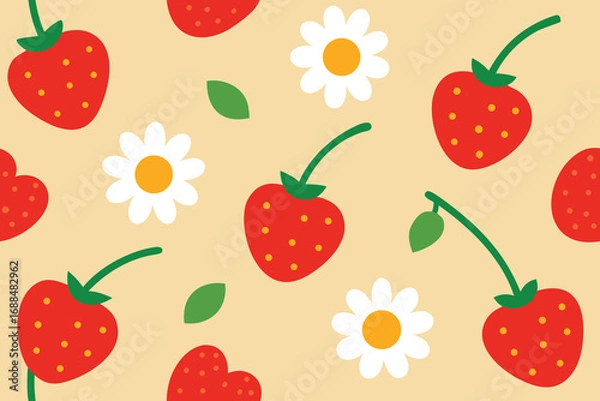 Fototapeta Strawberry and Daisy Flower Pattern on Beige Background Summer Print Design